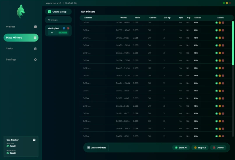 Alpha Minter mass minters dashboard