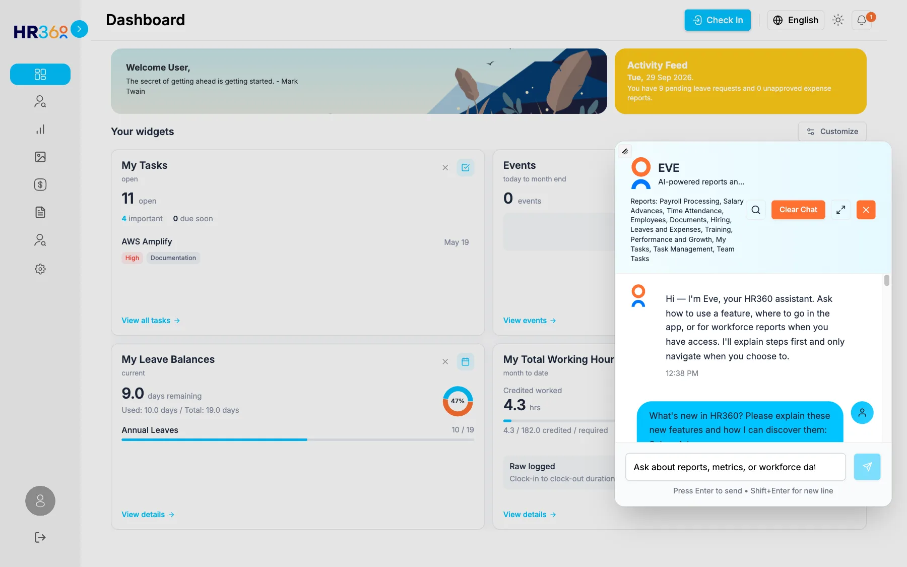 HR360 app dashboard with EVE AI assistant